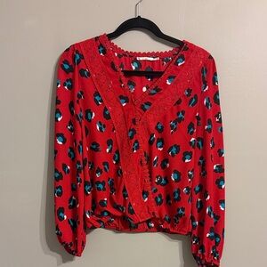 Francesca’s Miami Karla Red Leopard Print Lace Trim Blouse Top.  Size L